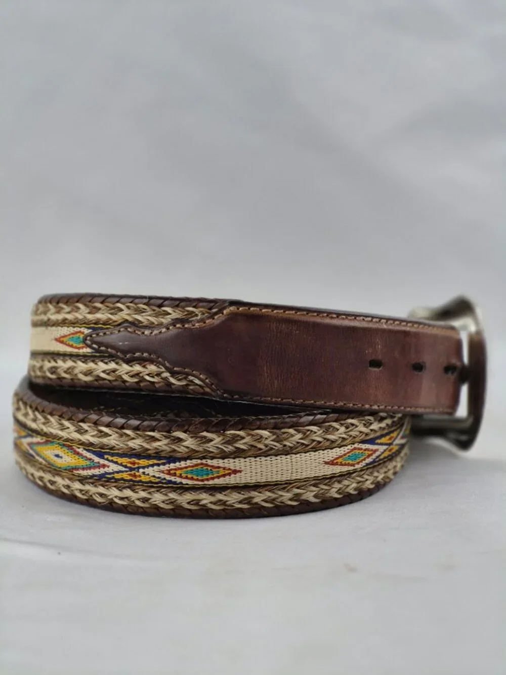 Tony Lama Aged Bark Leather Badlands Belt Horse Hair Nylon Inlay Western 38